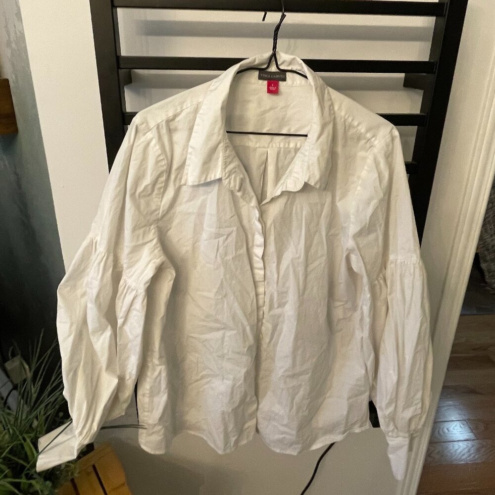 Vince Camuto White Puff-Sleeve Button-Down Blouse | Size L